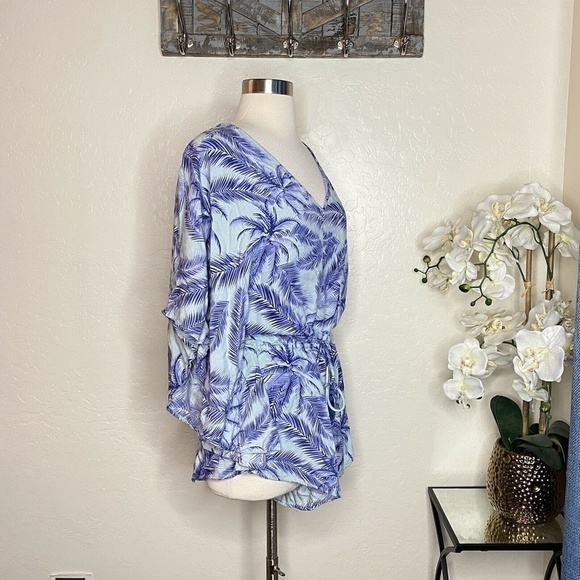 En Creme Blue/White Palm Romper Waist Tie Kimono M - Picture 4 of 6